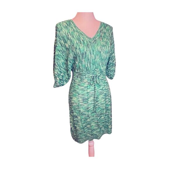 Vertigo Paris boho knit sweater dress M green marled V-neck batwing drawstring - Picture 3 of 16